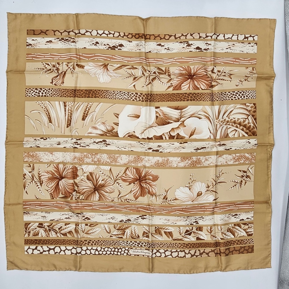 Vintage Ferragamo Silk Scarf Tan Floral Motif w/ Geometric Strips